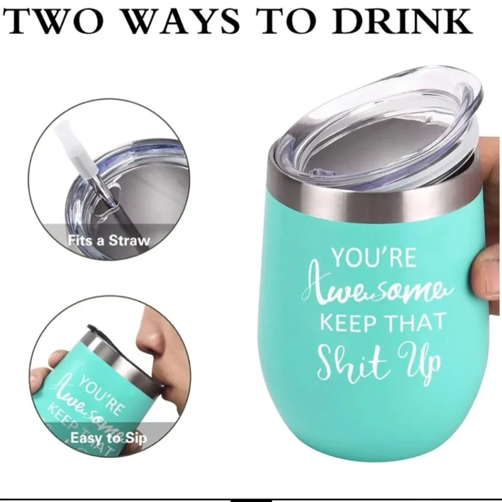 Coholico Wine Tumbler 12oz Stainless Insulated Teal You’re Awesome Gag‎ Gift New